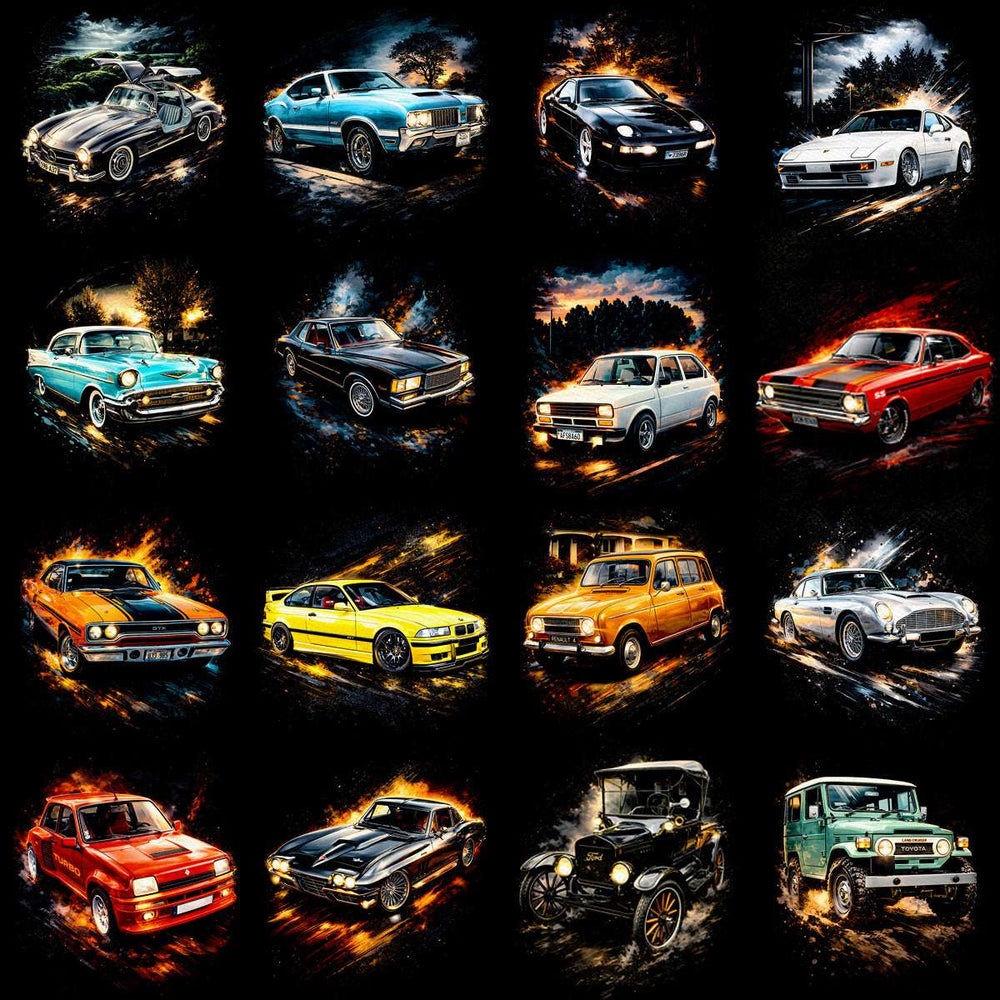 Classic and vintage cars in dynamic, fiery scenes for print-ready designs