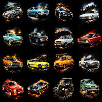Load image into Gallery viewer, Classic and vintage cars in dynamic, fiery scenes for print-ready designs
