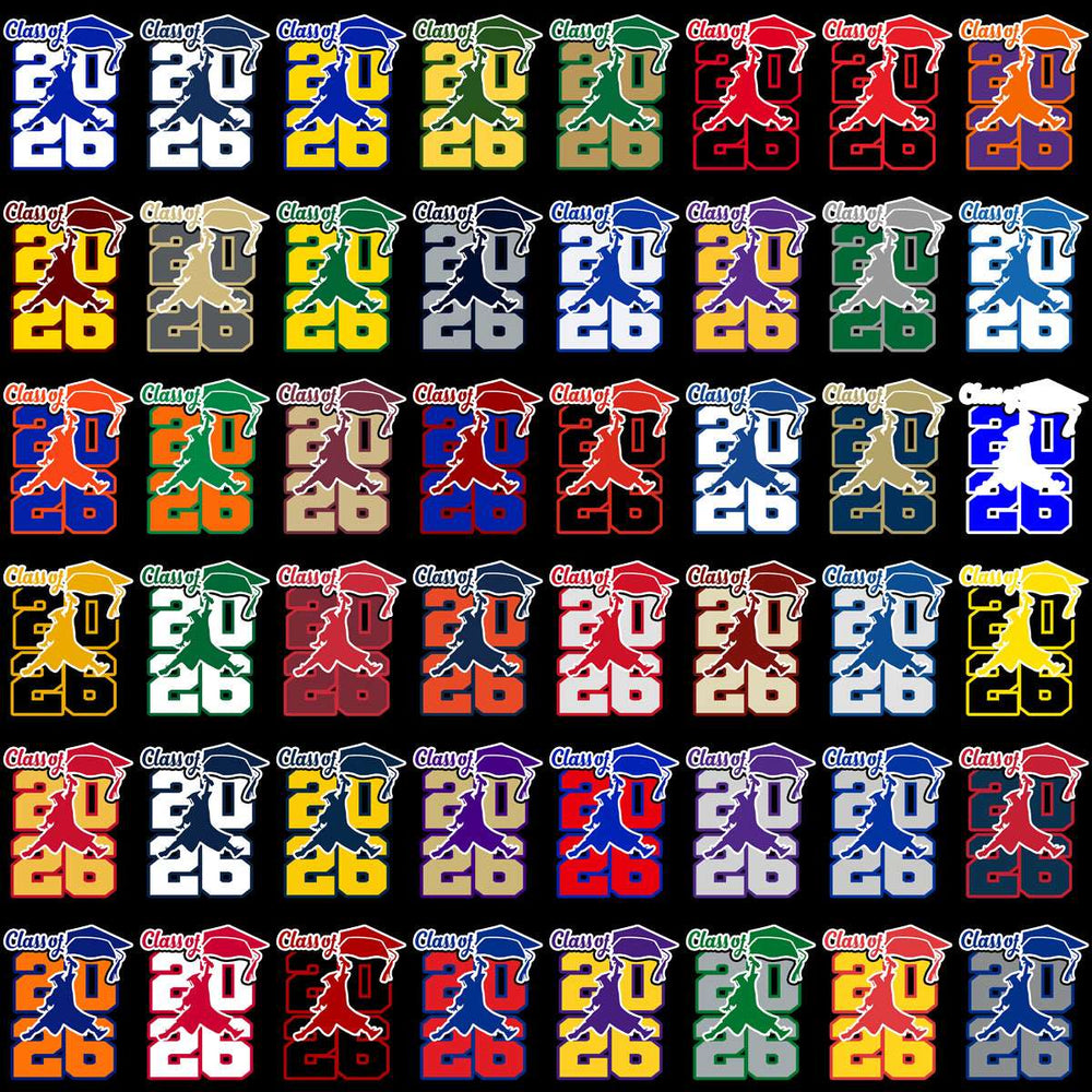 Class of 2026 graduation designs in multiple colors, print-ready for DTF, DTG, embroidery, and tumbler wraps.