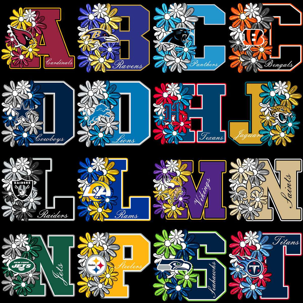 NFL team logos with floral designs for DTF/DTG and embroidery projects