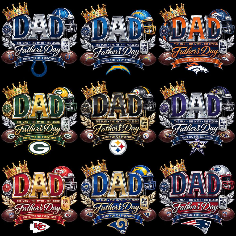 Father's Day NFL team designs with crowns, helmets, and 'Best Dad Ever' text for print-ready use.