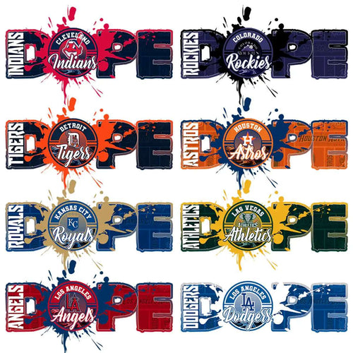 Dope MLB team designs for DTF/DTG printing, featuring Indians, Rockies, Tigers, Astros, Royals, Athletics, Angels & Dodgers