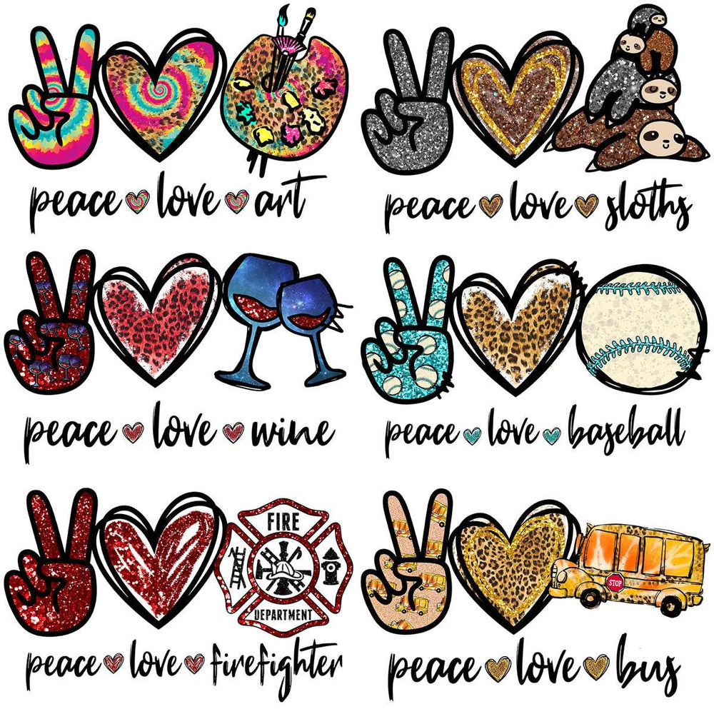 Peace love art, sloths, wine, baseball, firefighter, bus designs with glitter and leopard print