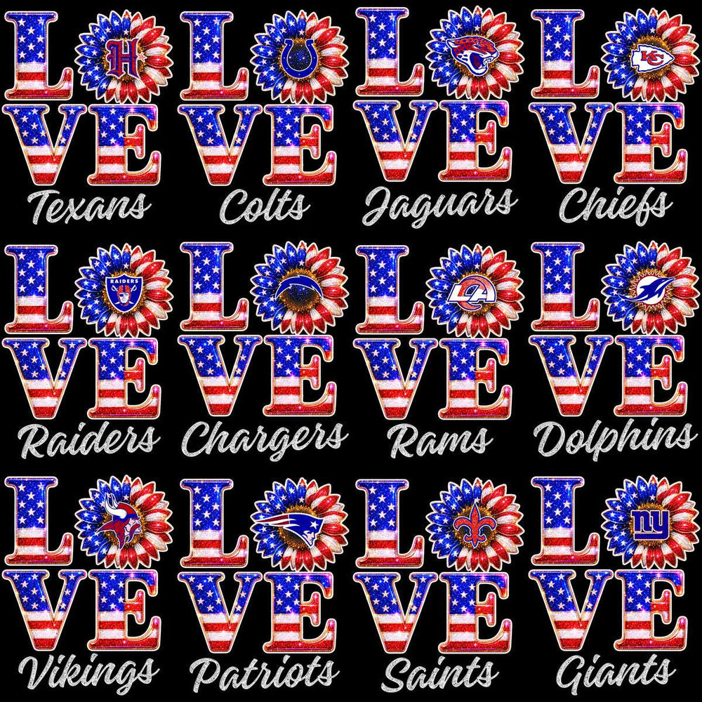 Patriotic 'LOVE' designs with NFL team logos in American flag sunflowers for DTF/DTG printing