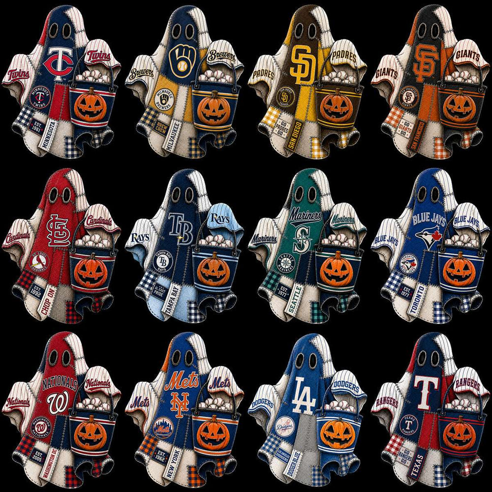 MLB team ghost designs with pumpkin buckets, print-ready for DTF, DTG, embroidery, tumbler wraps
