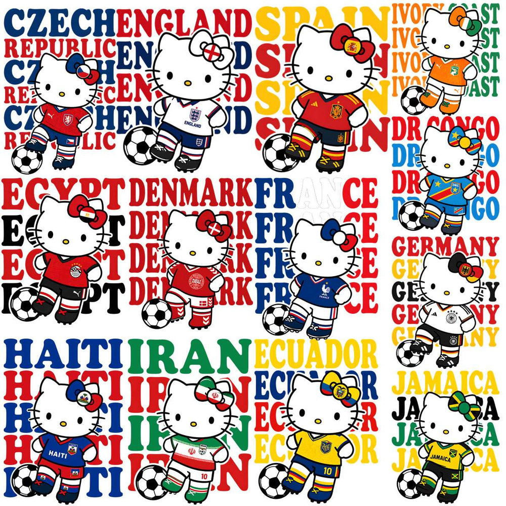 Hello Kitty in soccer jerseys with country names, print-ready designs for DTG/DTF and embroidery.