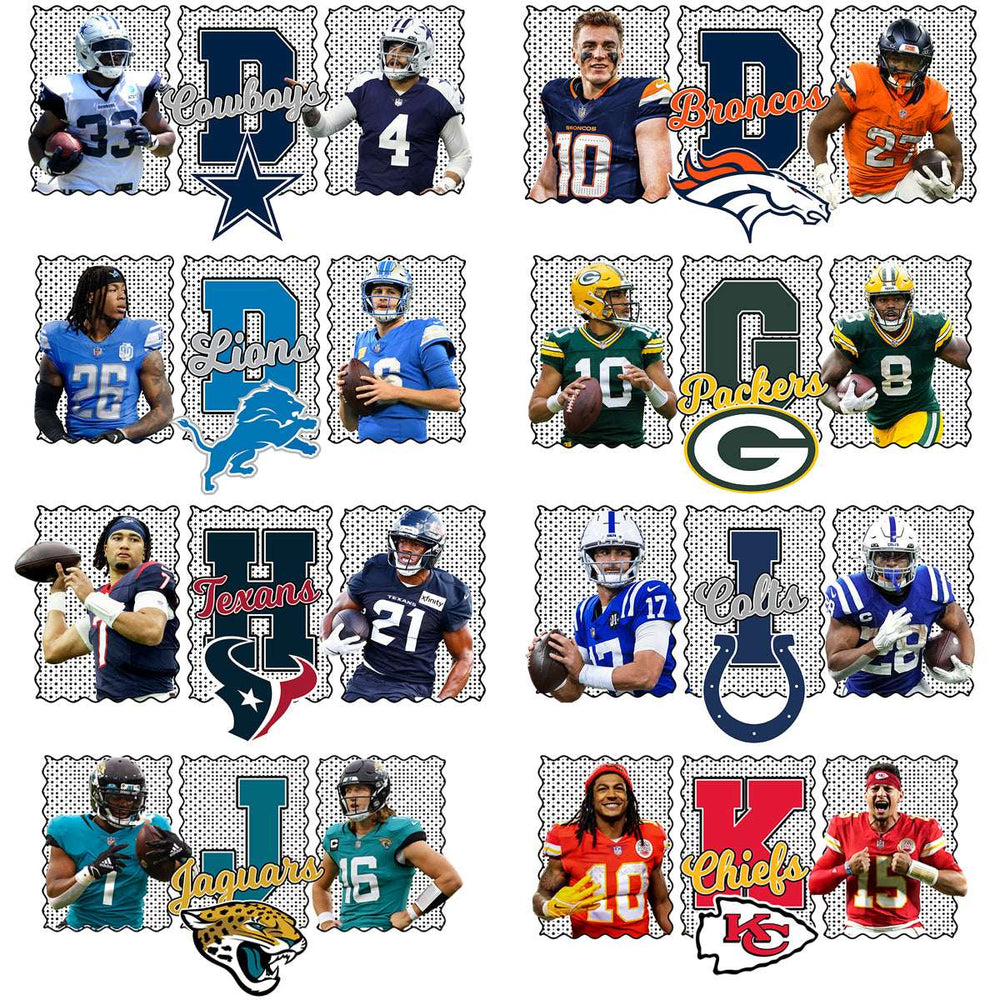 NFL team logos and player designs for DTF, DTG, embroidery. Print-ready PNG, SVG, PES bundles.