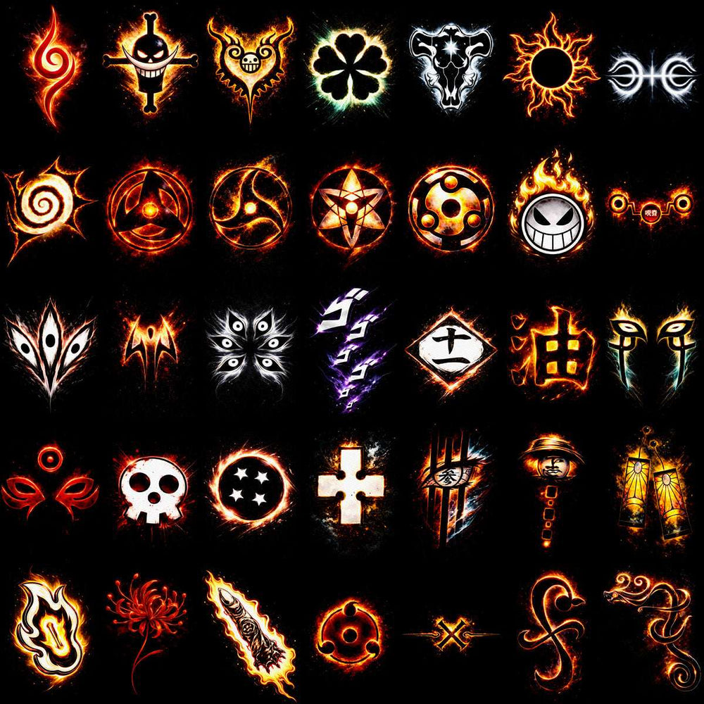 Flaming anime symbols and emblems for DTF, DTG, and embroidery designs