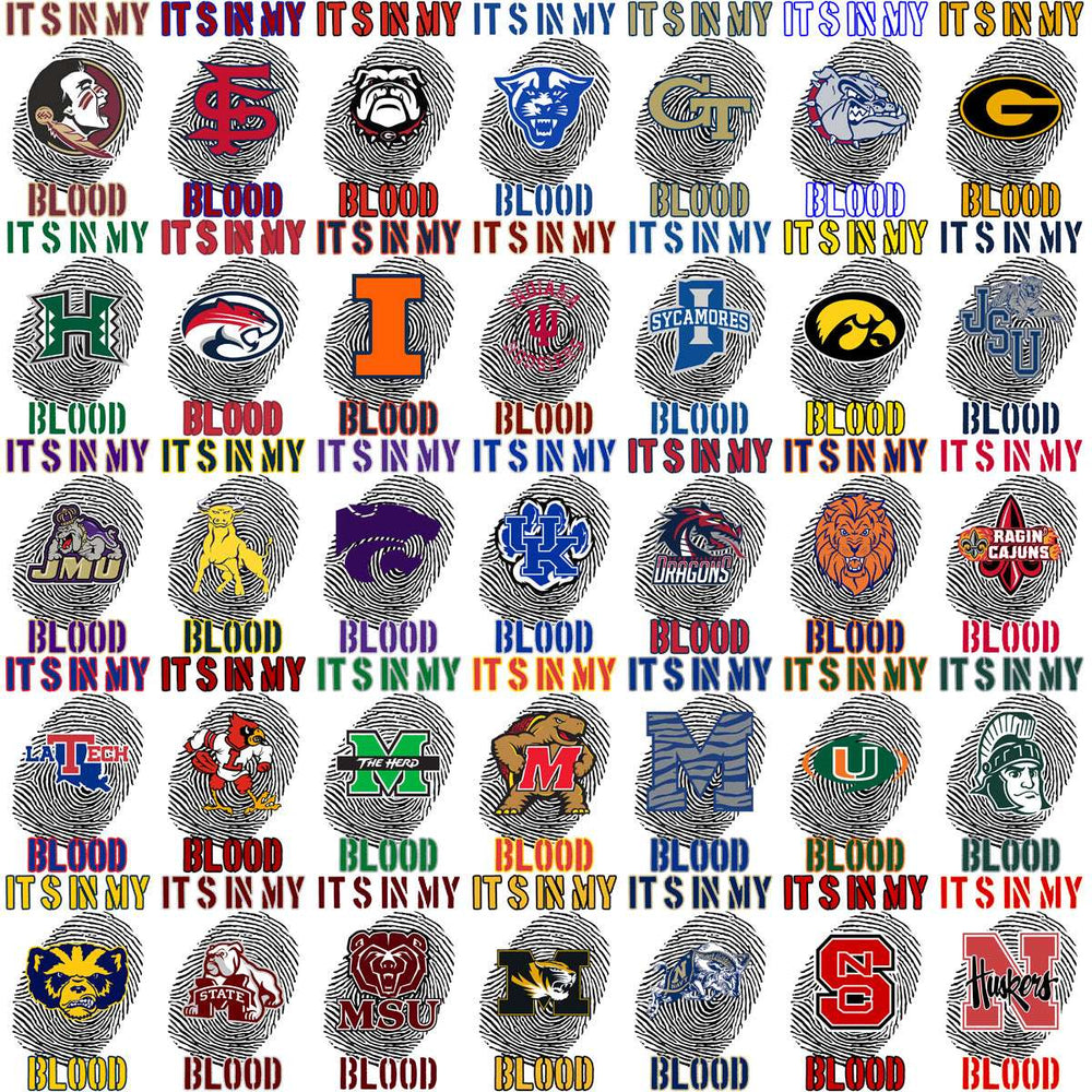 College sports team logos with fingerprint designs, 'It's in my blood' text, print-ready for DTF/DTG.