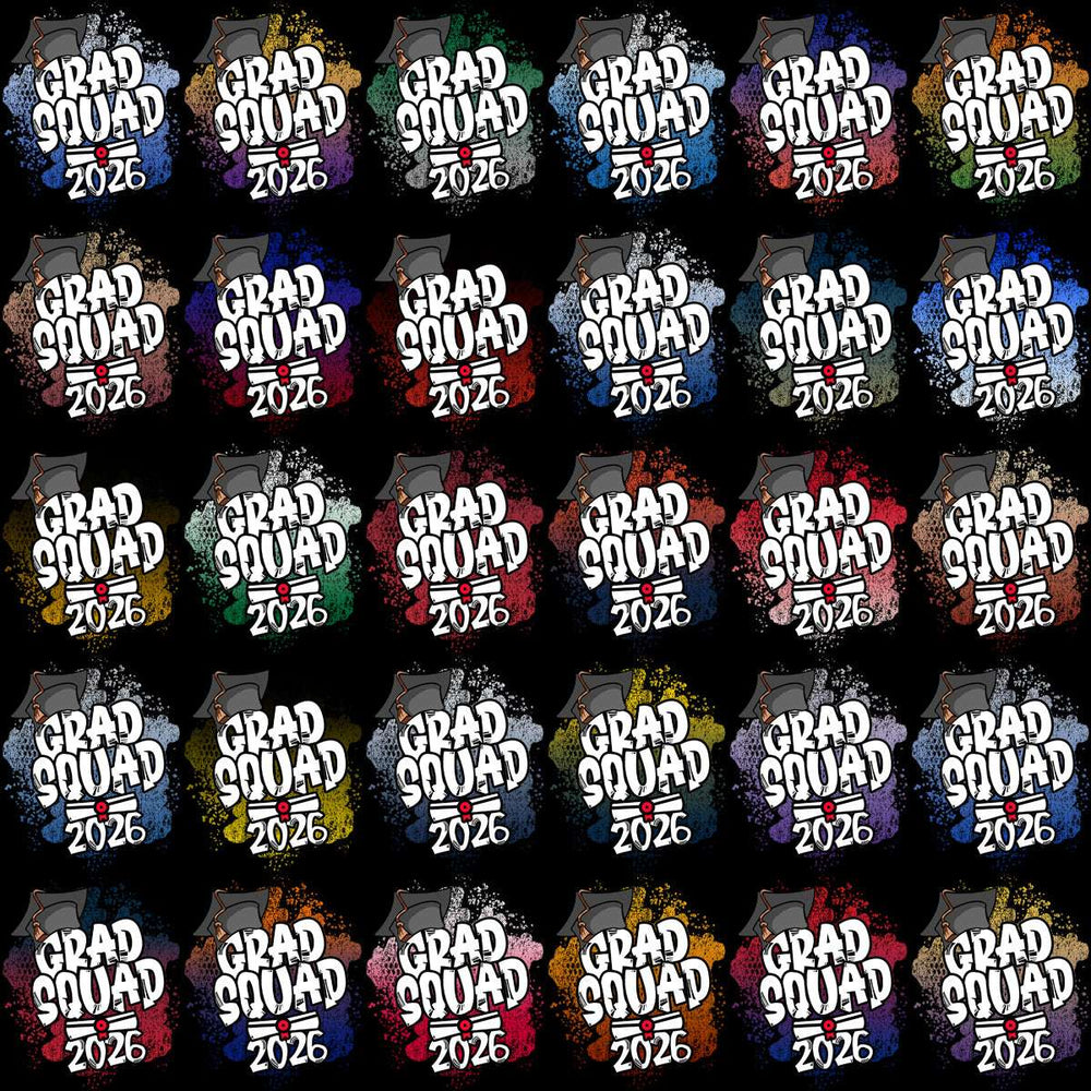 Grad Squad 2026 t-shirt designs with colorful splatter backgrounds, perfect for DTF, DTG, or embroidery.