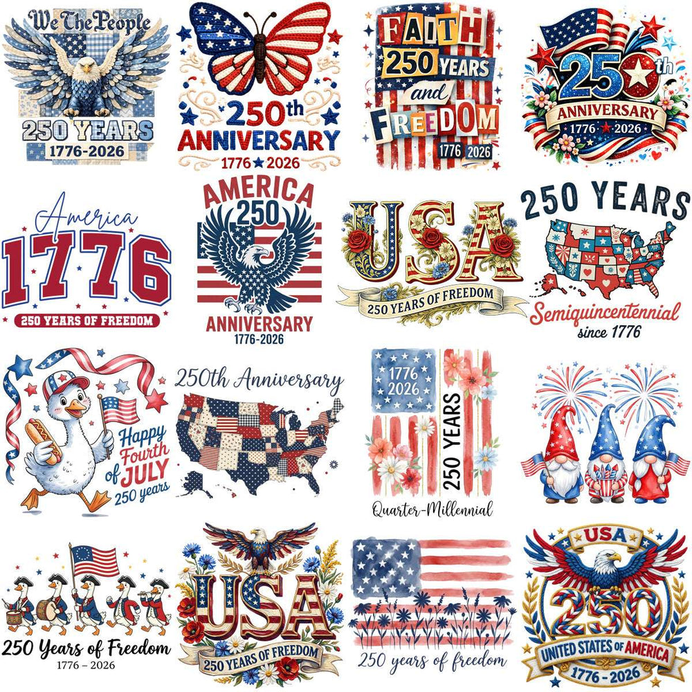 250th Anniversary USA designs with eagles, flags, and patriotic motifs for DTF, DTG, embroidery