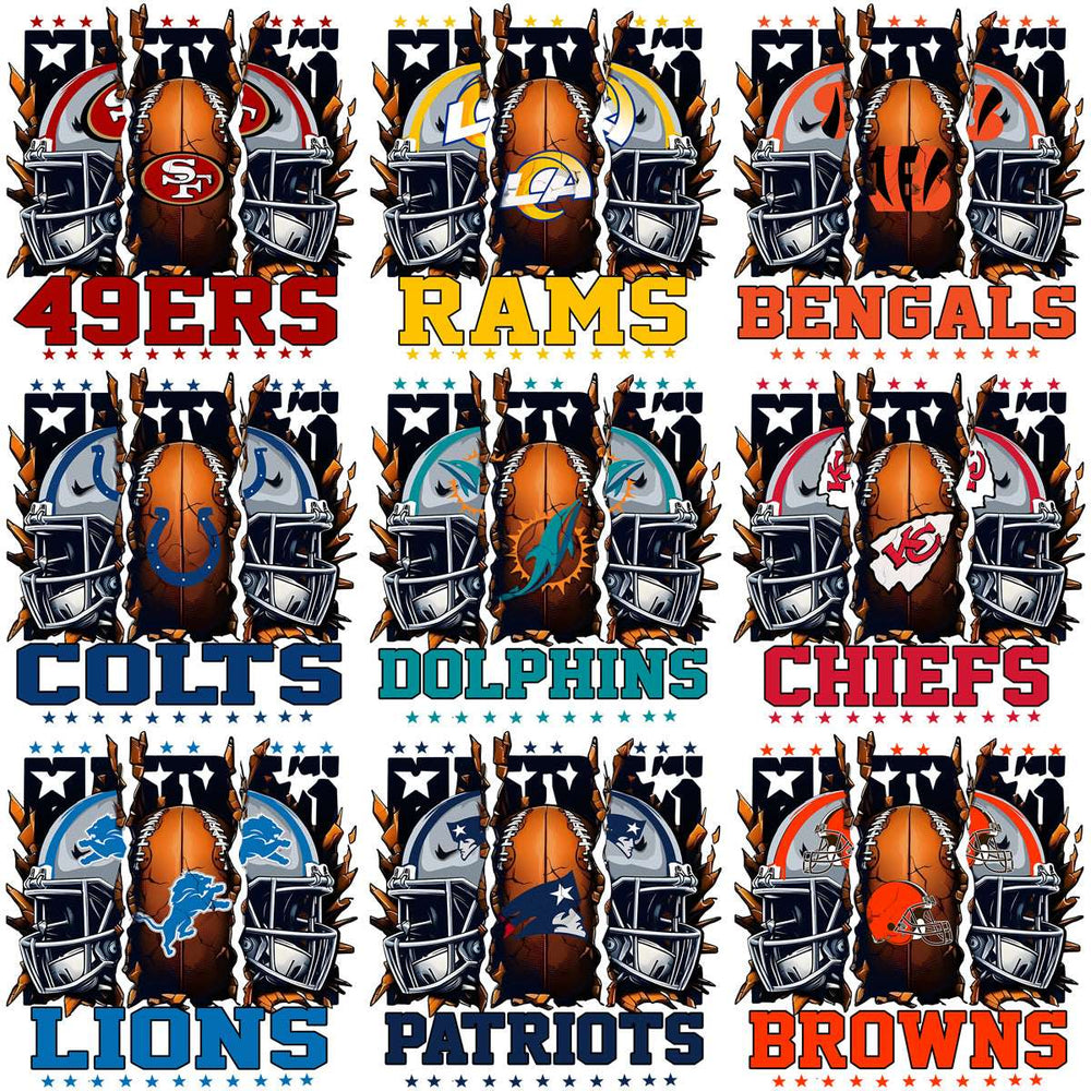 NFL team designs with helmets, footballs, and team names for DTF, DTG, embroidery, and tumbler wraps