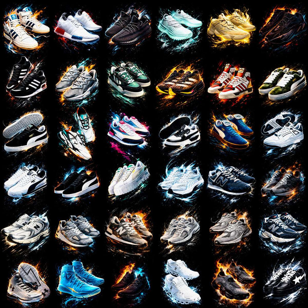 Sneaker designs with fire and ice effects, print-ready for DTF, DTG, embroidery, and tumbler wraps.