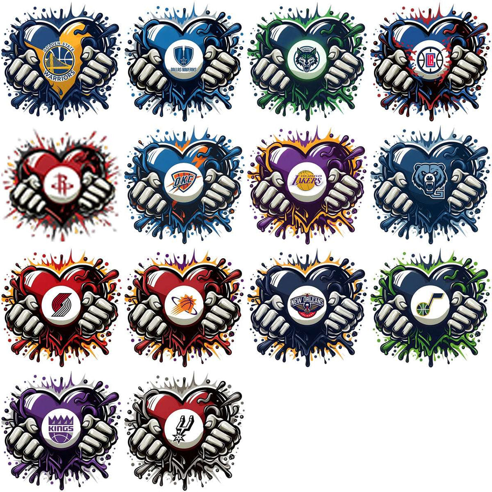 Basketball team logos in heart designs with splatter art, perfect for DTF/DTG and embroidery projects.