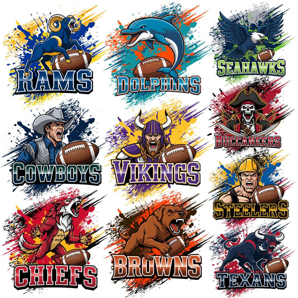 Vibrant NFL team mascots with footballs, bold colors, and dynamic splashes for print-ready designs.
