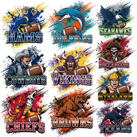 Load image into Gallery viewer, Vibrant NFL team mascots with footballs, bold colors, and dynamic splashes for print-ready designs.
