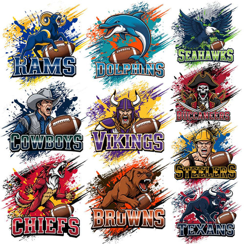 Vibrant NFL team mascots with footballs, bold colors, and dynamic splashes for print-ready designs.