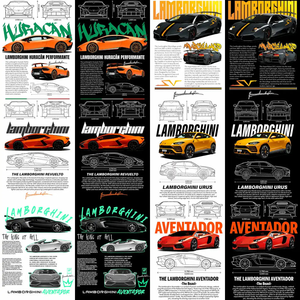 10 Lamborghini Cars Streetwear Racing Dual Colors Designs Bundle PNG