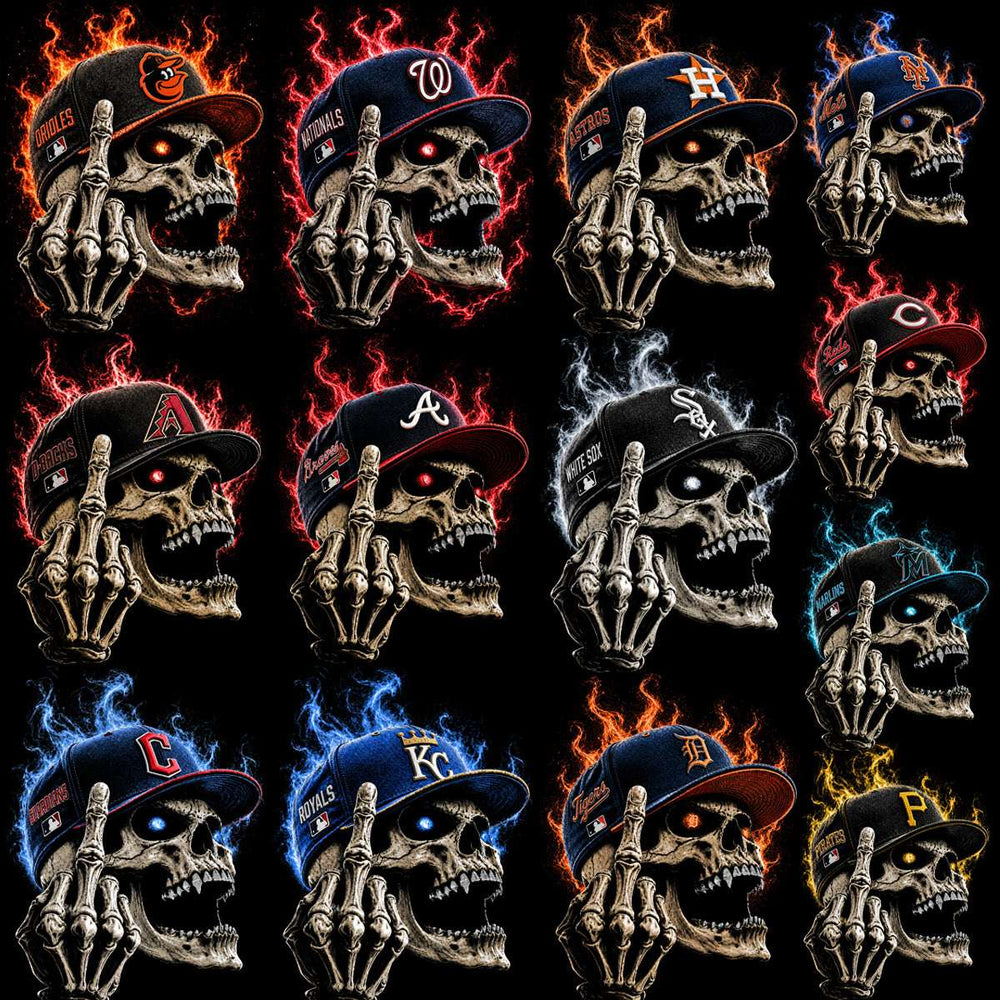 30 Baseball Skull Cap Teams Middle Finger Black Knockout Designs Bundle PNG