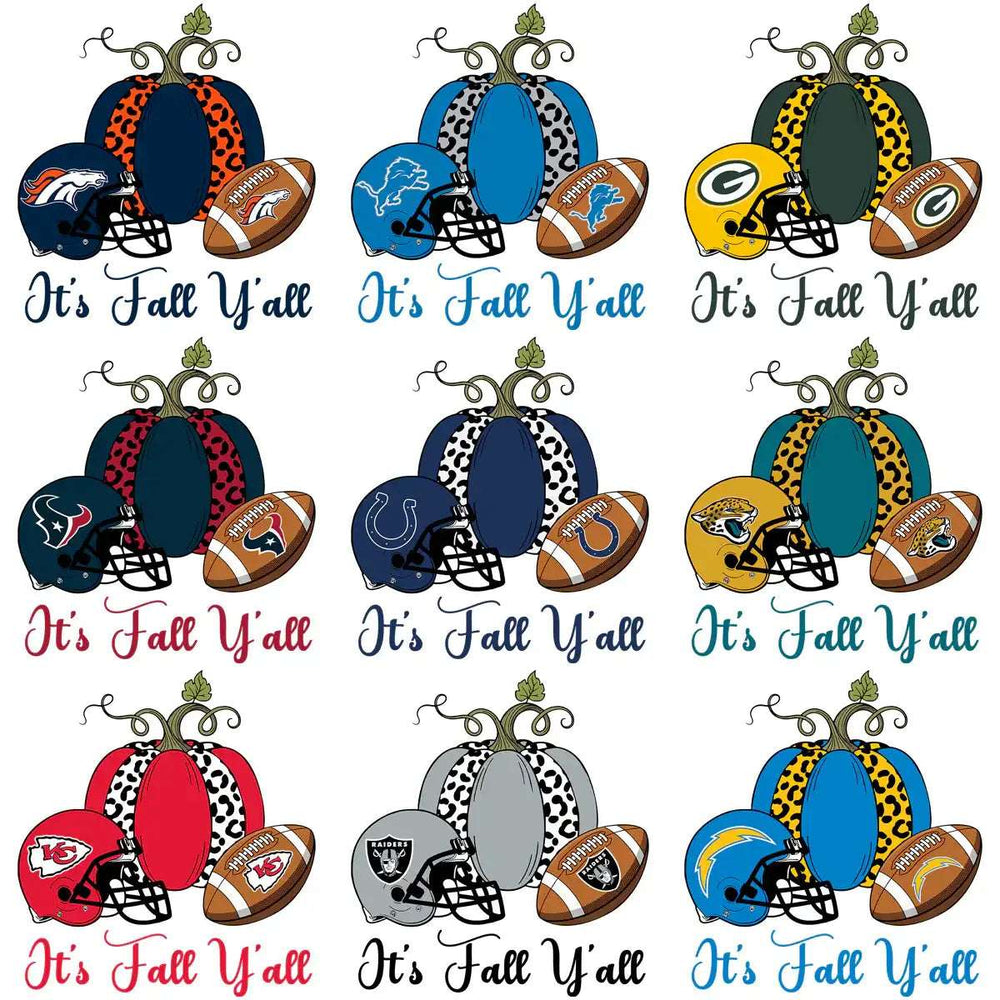 Football helmets, pumpkins, and 'It's Fall Y'all' designs for DTF/DTG and embroidery