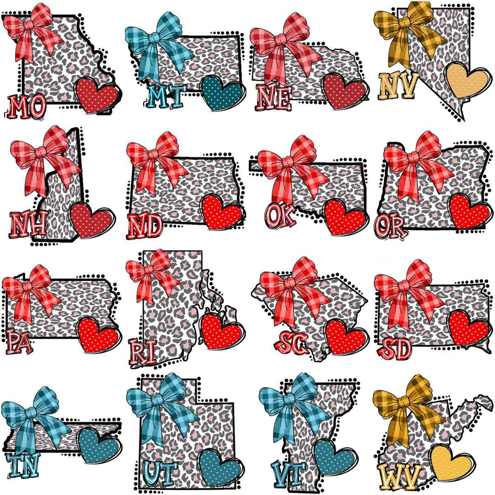Leopard print state designs with bows and hearts for DTF/DTG and embroidery projects