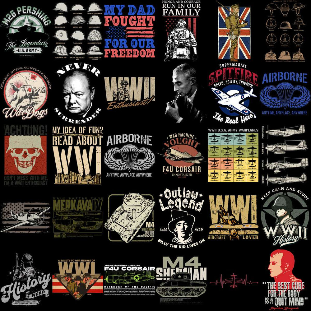 WWII & WWI military designs bundle for DTF DTG, featuring tanks, planes, helmets, quotes & patriotic graphics