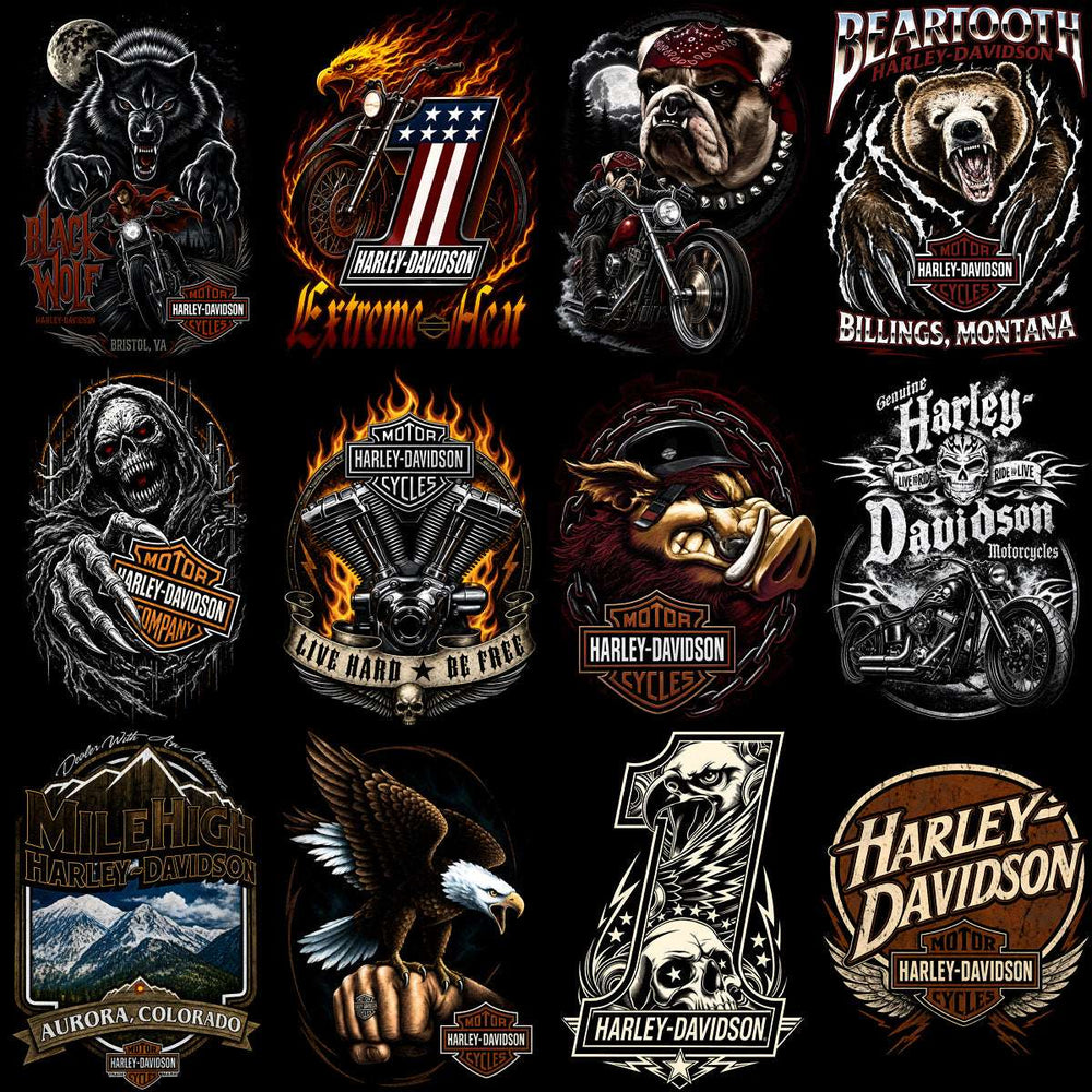 Harley-Davidson themed designs with wolves, eagles, skulls, and motorcycles for DTG/DTF printing