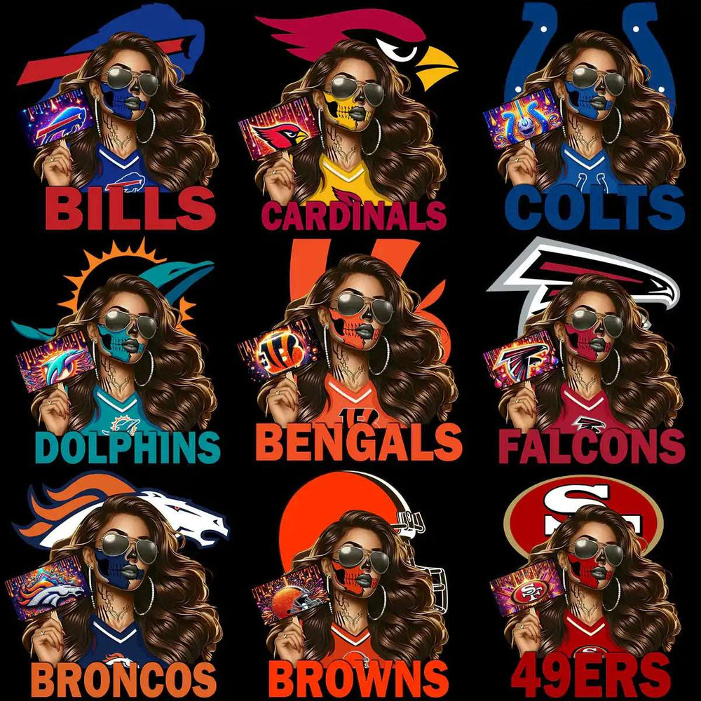 NFL team skull face paint designs for DTF DTG printing, featuring Bills, Cardinals, Colts, Dolphins, Bengals, Falcons, Broncos, Browns, 49ers