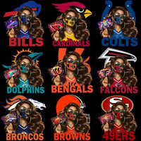 Load image into Gallery viewer, NFL team skull face paint designs for DTF DTG printing, featuring Bills, Cardinals, Colts, Dolphins, Bengals, Falcons, Broncos, Browns, 49ers
