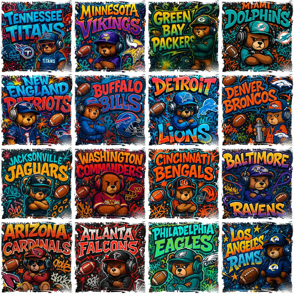32 Football Teams Graffiti Teddy Bear Designs Bundle PNG