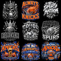 Load image into Gallery viewer, Basketball designs for Spurs and Knicks, featuring flames, crowns, and cityscapes for DTG/DTF printing.
