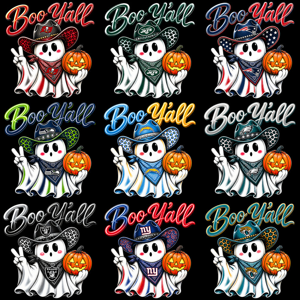32 Ghost Boo Y'all Football Teams Halloween Designs Bundle PNG