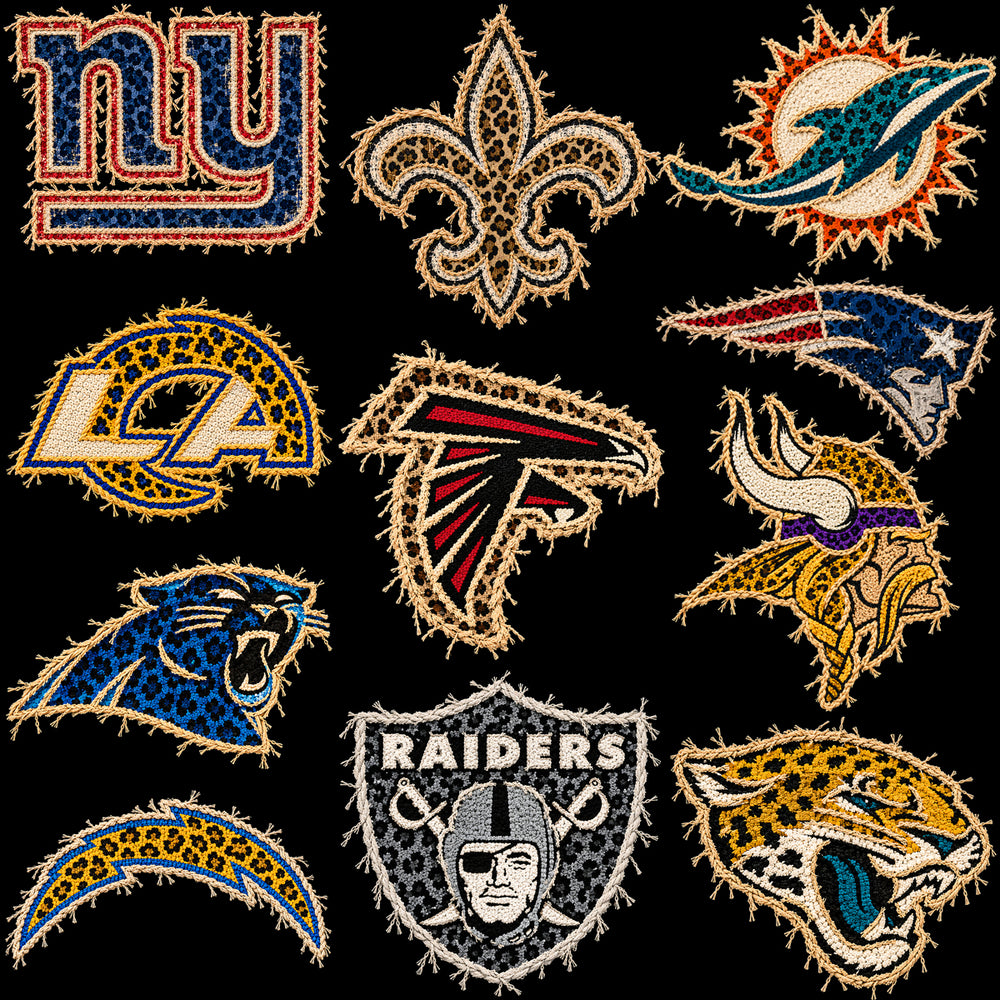 32 Football Teams Logos Frayed Leopard Yarn Designs Bundle PNG