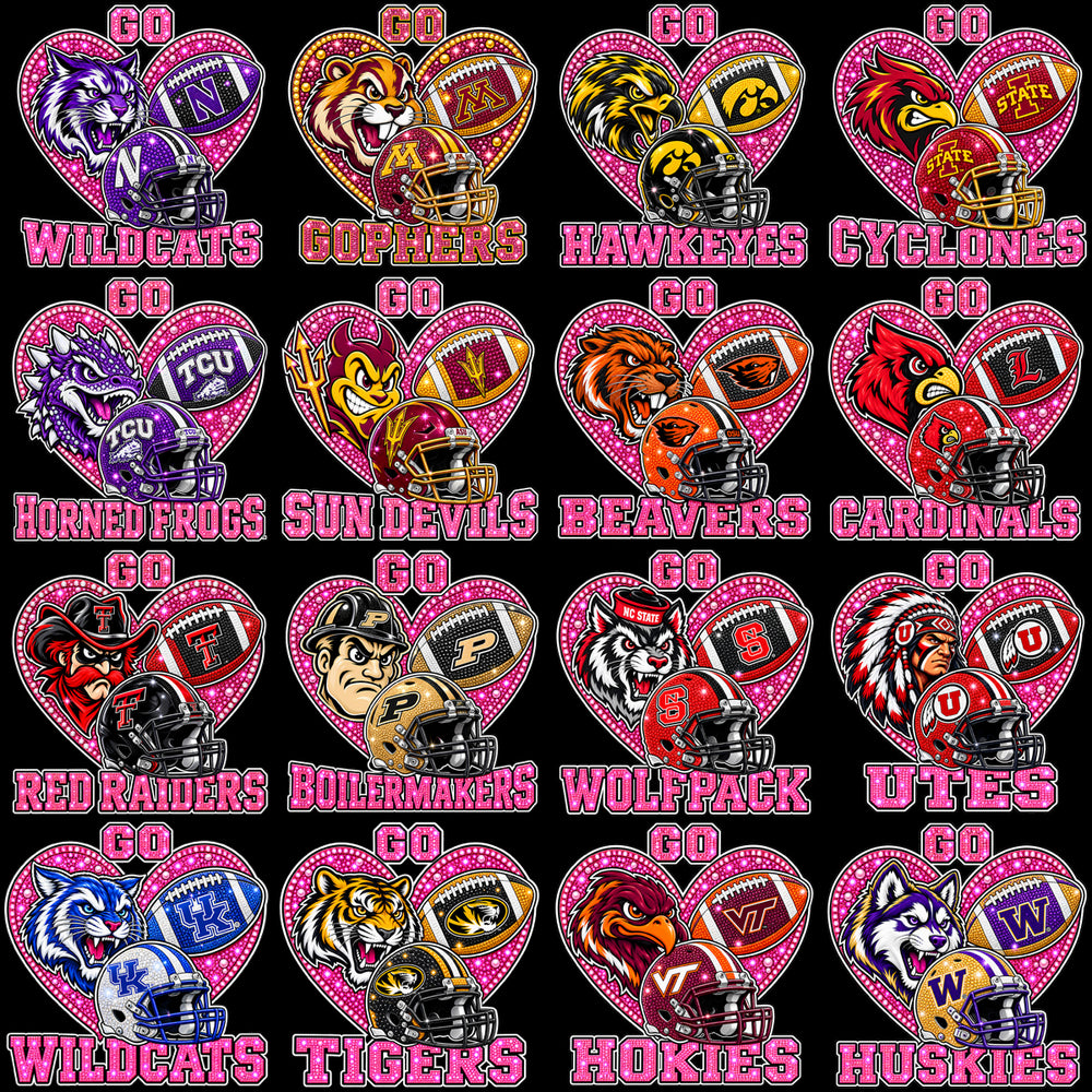 65 Go College Football NCAA Teams Pink October Heart Designs Bundle PNG