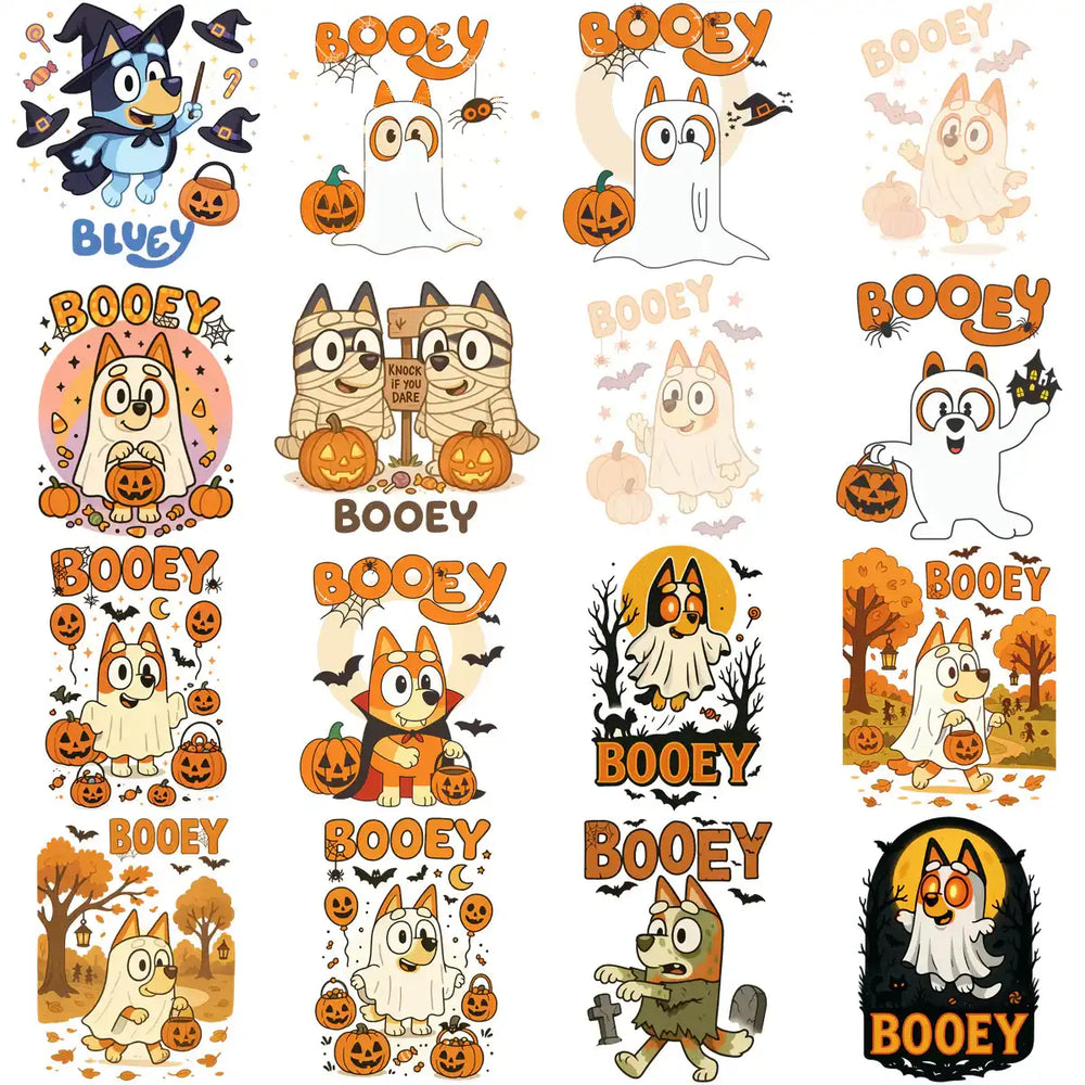 60 Halloween Bluey Dog Cartoons Designs Bundle PNG