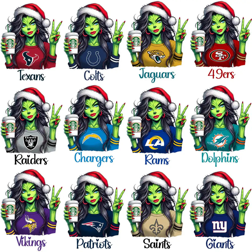 32 Grinch Lady Starbucks Christmas Football Teams Designs Bundle PNG