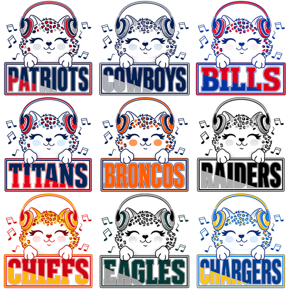 Cute leopard cats with headphones and NFL team logos for DTF/DTG designs