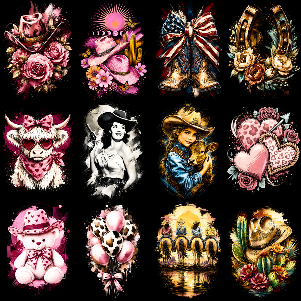 66 Cowgirl Rodeo Western Coastal Halftone Designs Bundle PNG