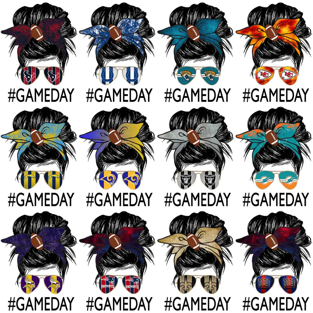 32 Football Teams Messy Bun GAME DAY Girl Designs Bundle PNG