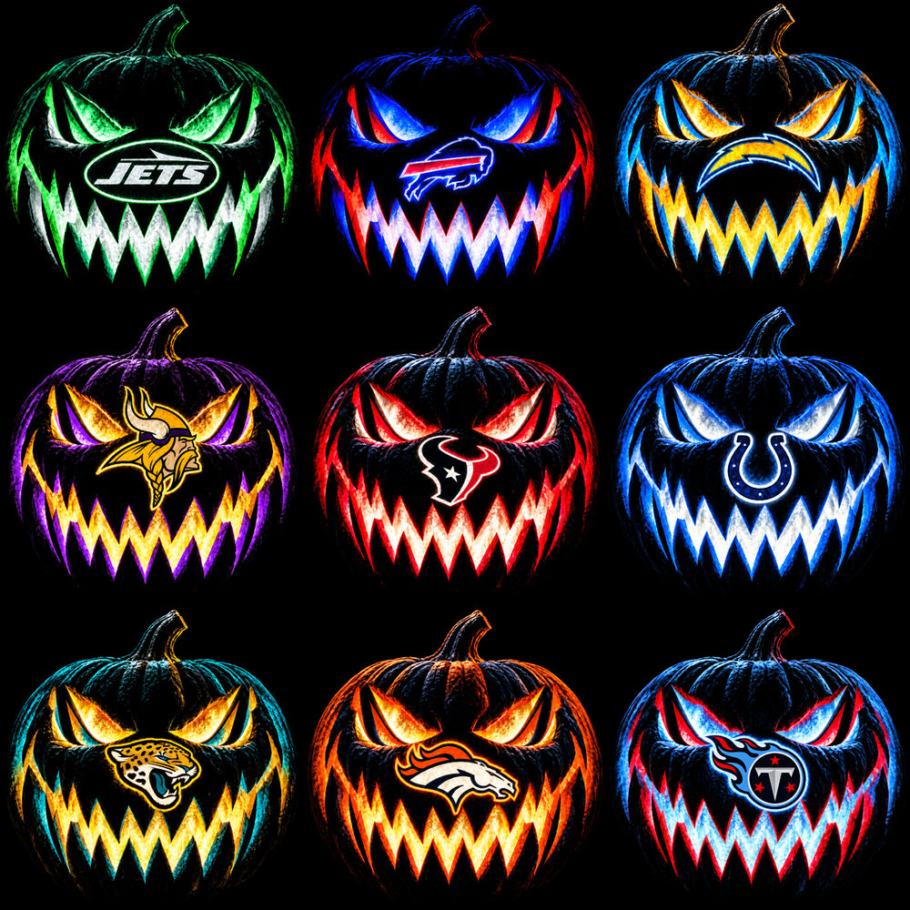 32 Football Teams Glowing Pumpkin Logos Black Knockout Designs Bundle PNG