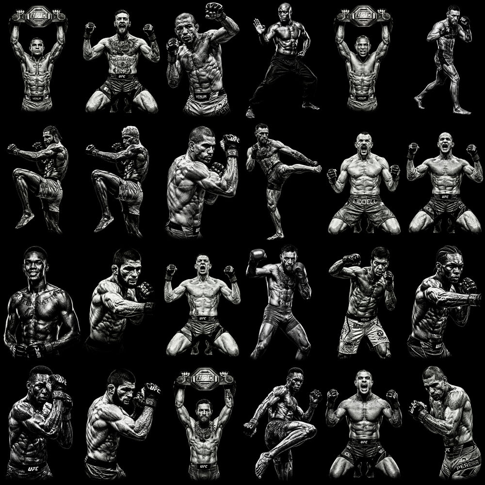 UFC fighter collection: 24 black & white MMA athlete poses for DTF, DTG, embroidery designs