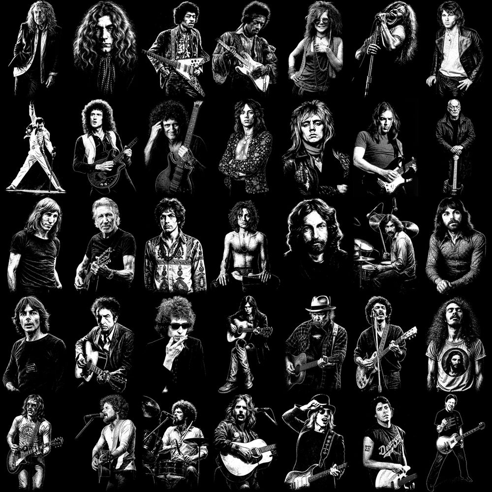 Black and white rock legend portraits, print-ready for DTF, DTG, embroidery, tumbler wraps