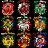 Load image into Gallery viewer, Vibrant soccer player designs with national jerseys, numbers, and dynamic splashes for DTF/DTG printing
