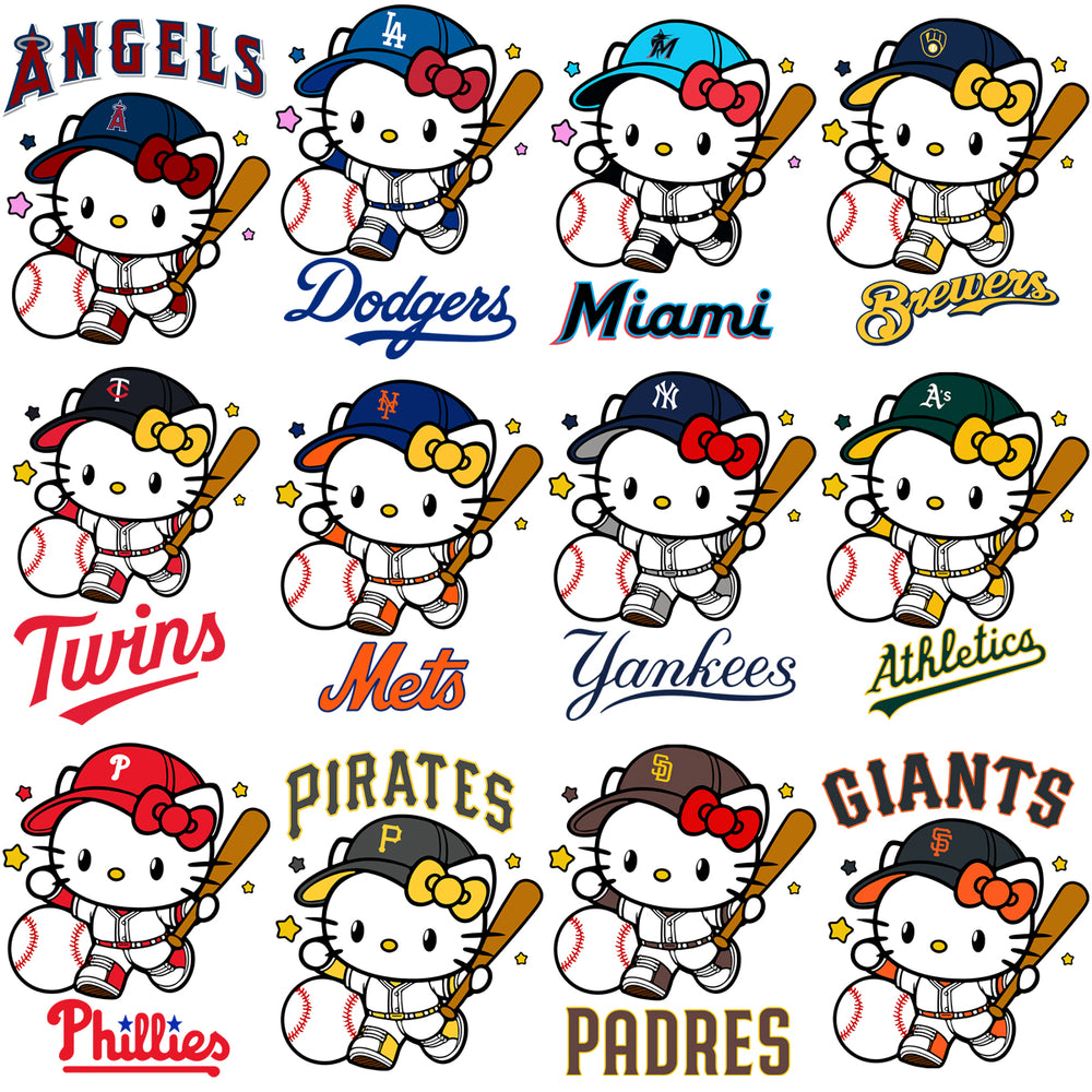 30 Baseball League Teams Logo Hello Kitty Designs Bundle PNG SVG
