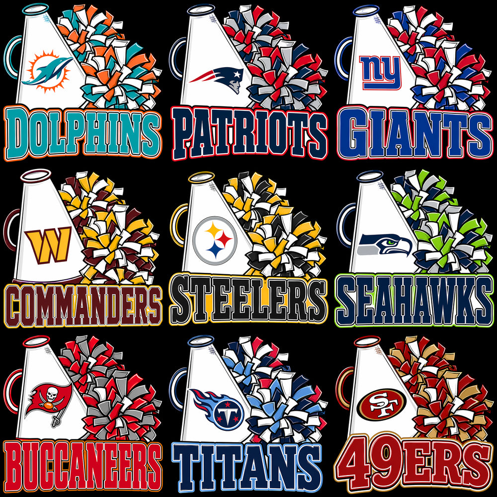 32 Football Teams Megaphone Pom-Poms Designs Bundle PNG
