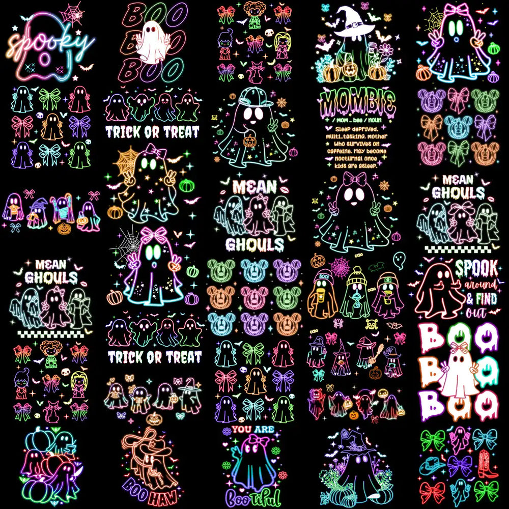 90 Neon Ghost Boo Horror Halloween Designs Bundle PNG