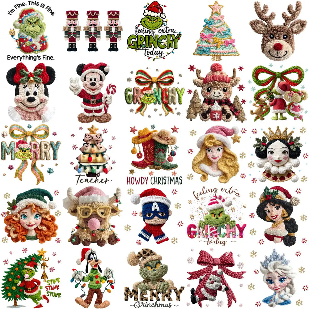 110 Cartoons CHRISTMAS Yarn Style Designs Bundle PNG
