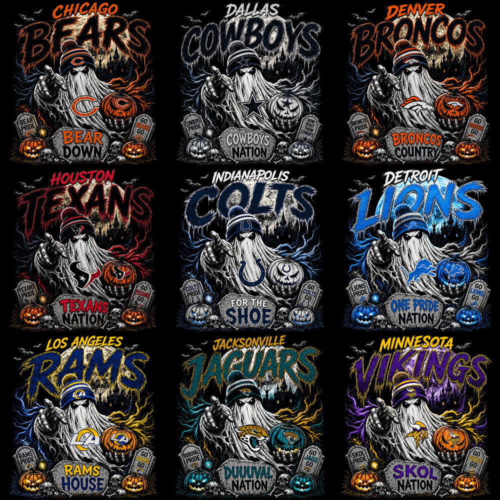 32 Football Teams Slogan Ghost Halloween Black Knockout Designs Bundle PNG