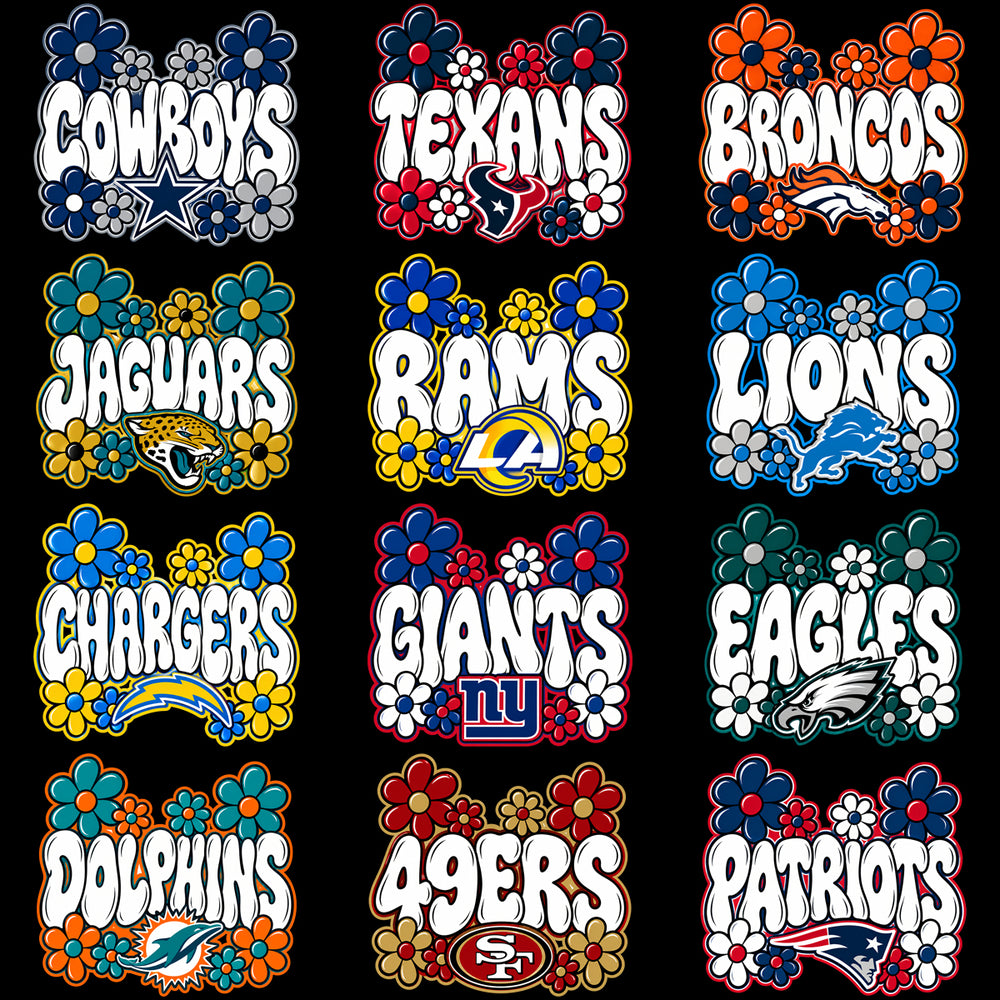 32 Football Teams Groovy Retro Flowers Designs Bundle PNG