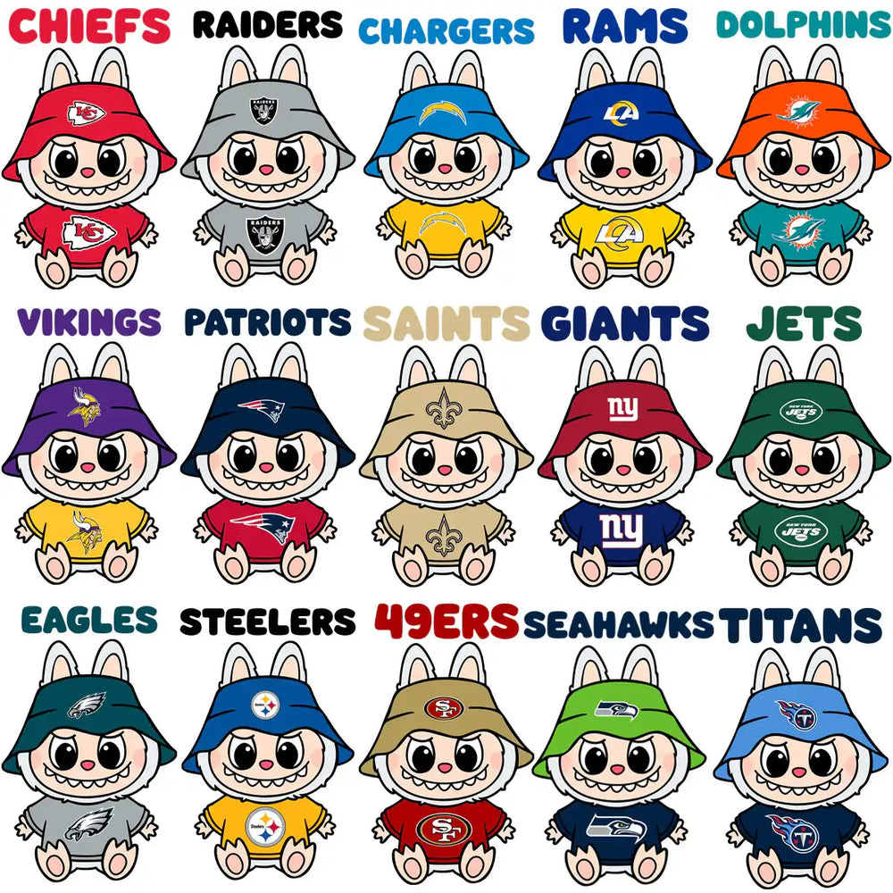 32 Labubu Cartoon Football Teams Designs Bundle PNG